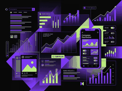 Digital marketing campaign analytics collage with revenue growth charts